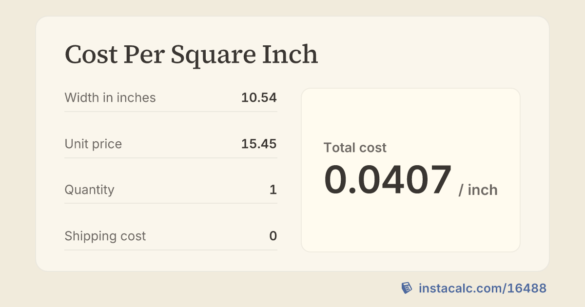 Cost Per Square Inch Calculator - InstaCalc