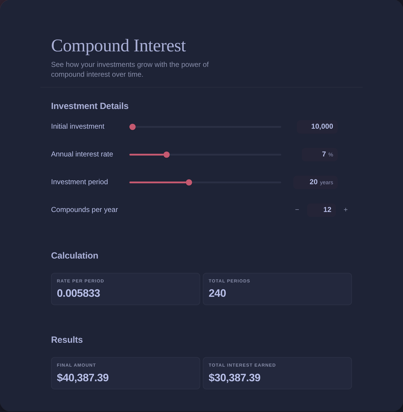 Compound Interest in Instacalc present mode, Night theme.