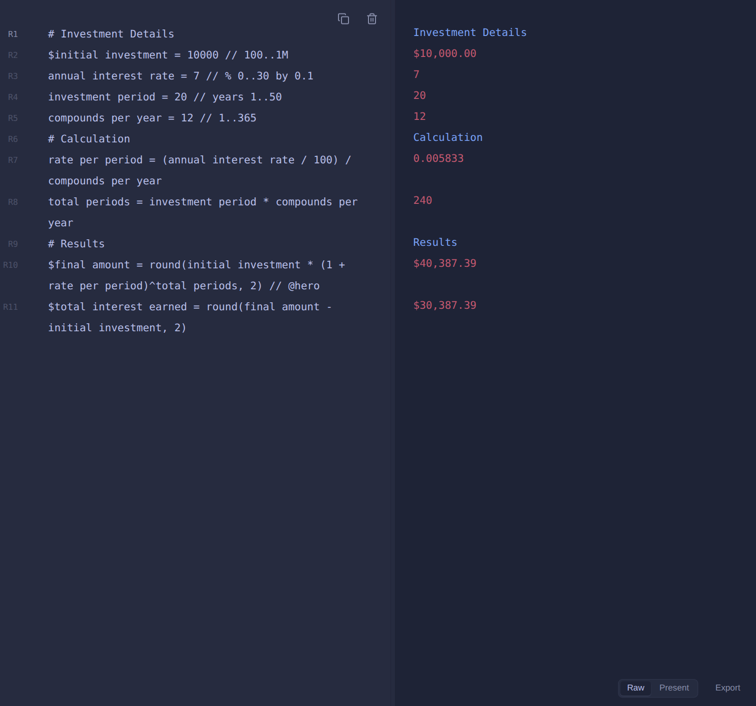 The Instacalc text view: syntax-highlighted calc source on the left, computed results on the right.
