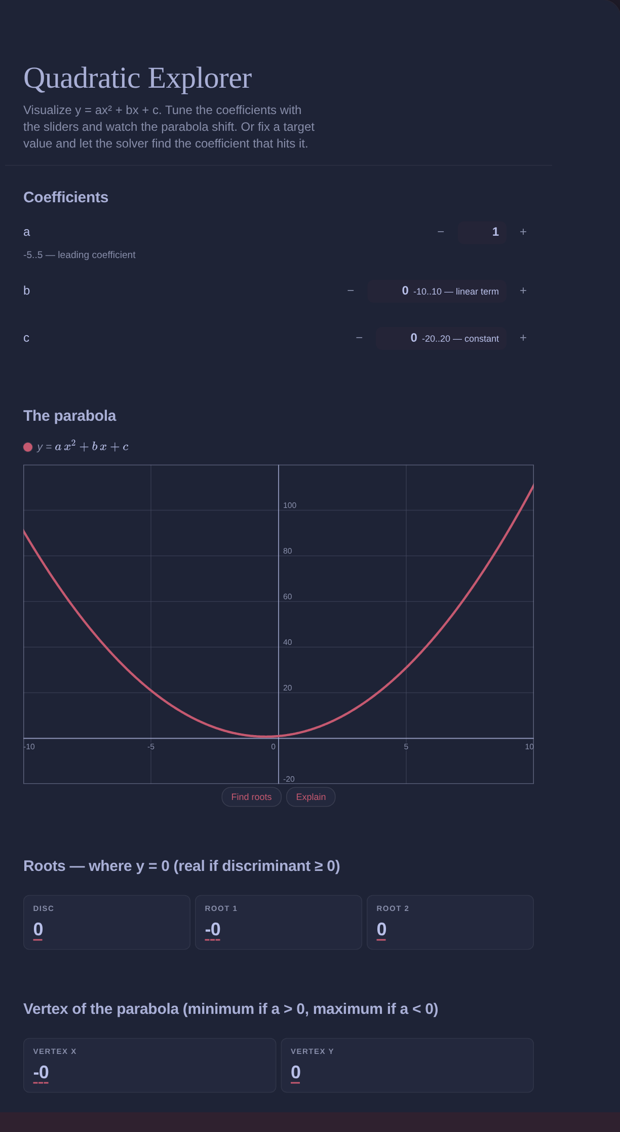 Quadratic Explorer in Instacalc present mode, Night theme.