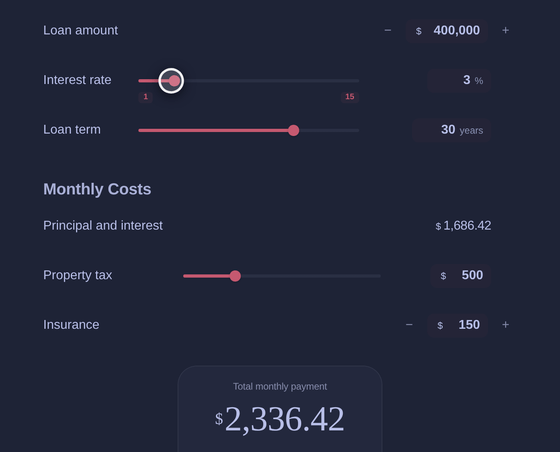 Animation: dragging the interest-rate slider updates the total monthly payment live.